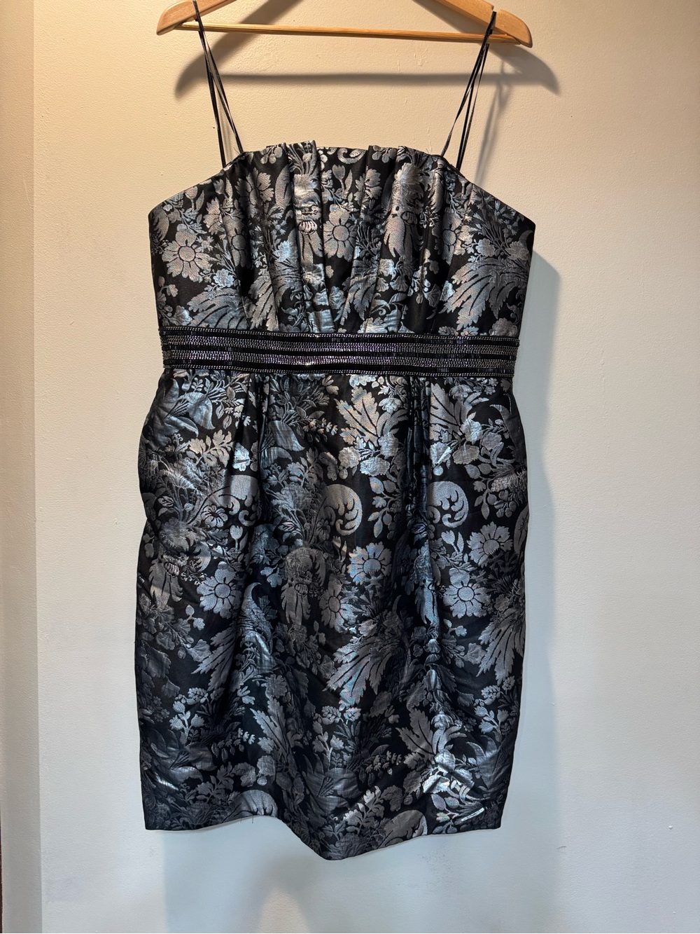 Carmen Marc Valvo Black and Silver Floral Strapless Mini Dress